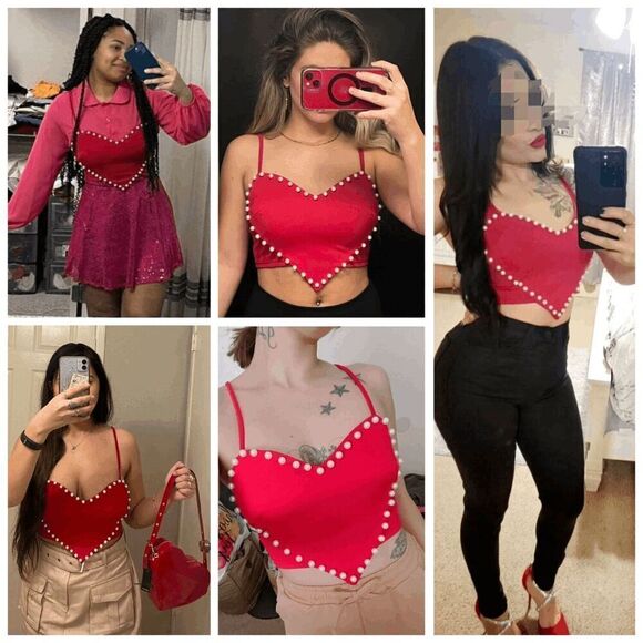 ❤ NEW Cute Heart Shaped Crop Top Pearls Trim SIZE L - Picture 14 of 17